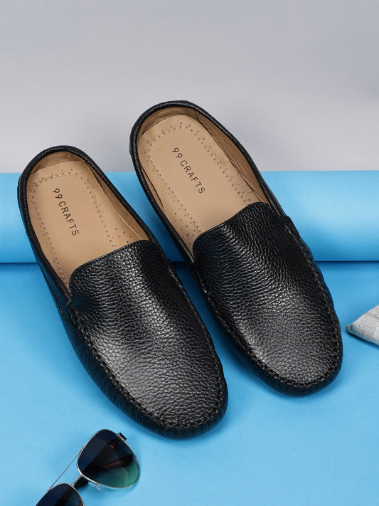 99Crafts Premium Quality European Full-Grain Milled Leather Handmade Driving Mules / Half Shoe For Men