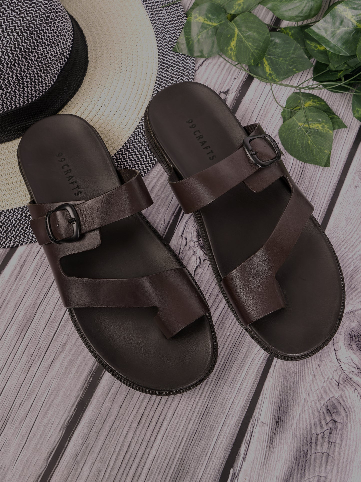 99Crafts Italian Full-Grain Leather Buckle-Strap Sandal | Ortholite Memory Cushion & Arch-Flex Support