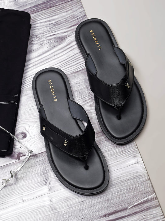 99Crafts Men's Italian Full Grain Leather Flat Sandals with TPR Sole