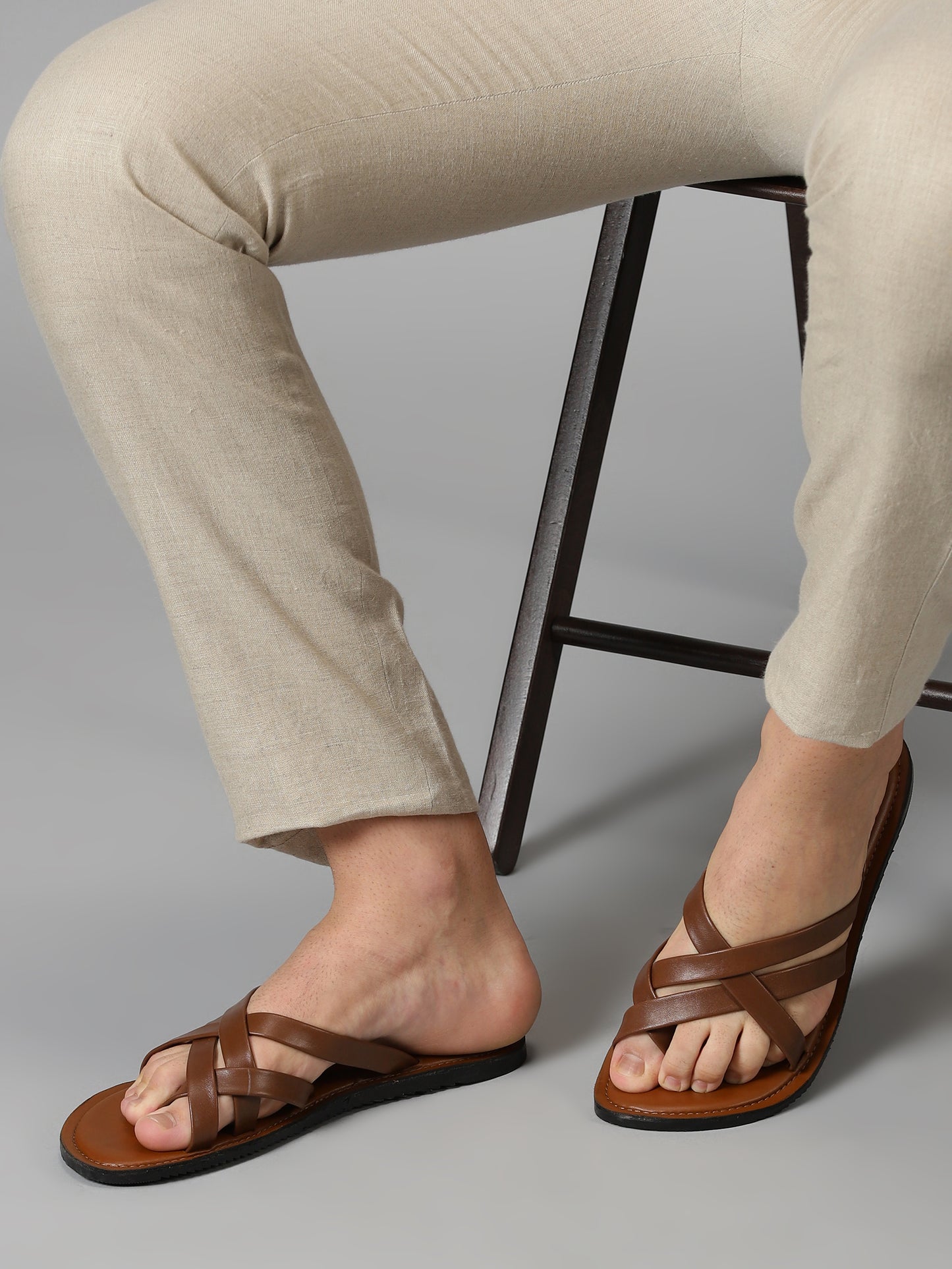 99Crafts Men's Italian Full Grain Leather Flat Sandals with TPR Sole