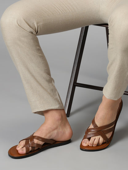 99Crafts Men's Italian Full Grain Leather Flat Sandals with TPR Sole