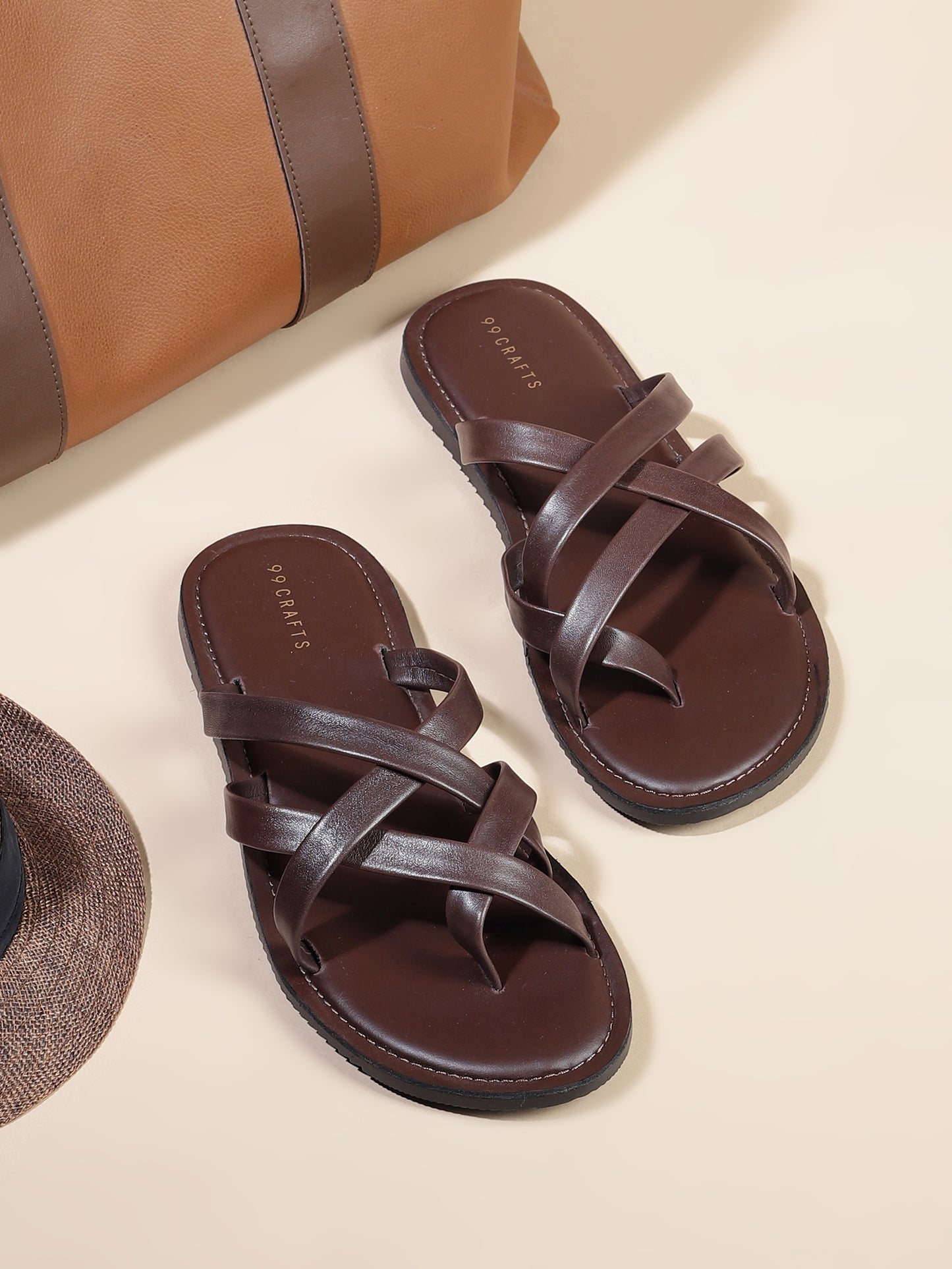99Crafts Men's Italian Full Grain Leather Flat Sandals with TPR Sole