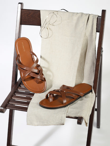99Crafts Men's Italian Full Grain Leather Flat Sandals with TPR Sole