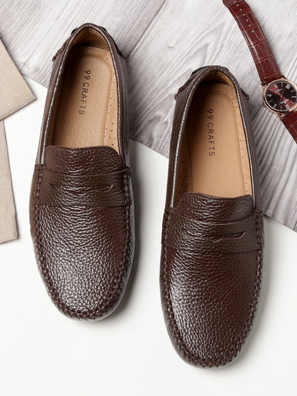 99Crafts Premium Quality European Full-Grain Milled Leather Handmade Driving loafers With Penicut Saddle For Men