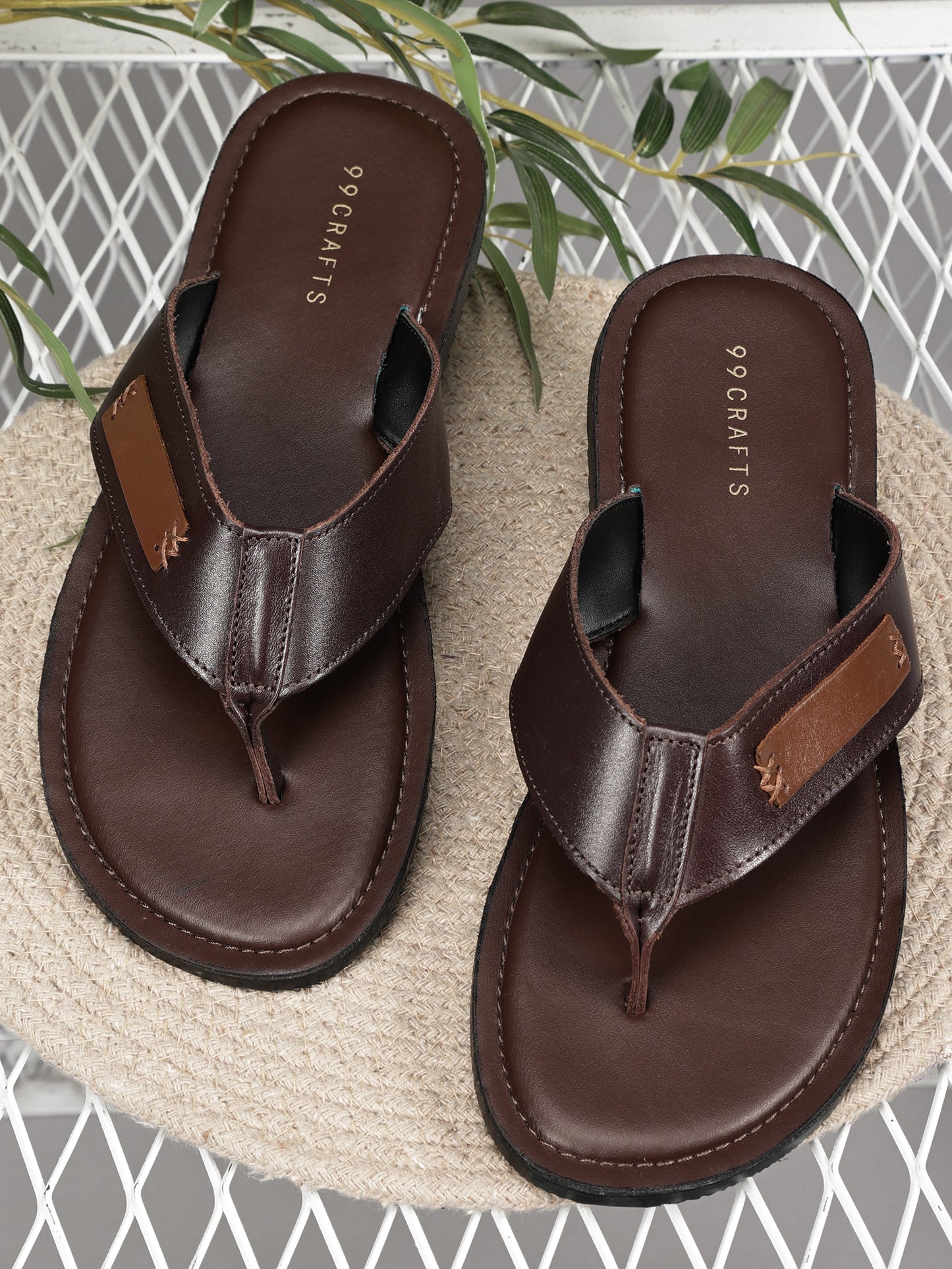 99Crafts Men's Italian Full Grain Leather Flat Sandals with TPR Sole