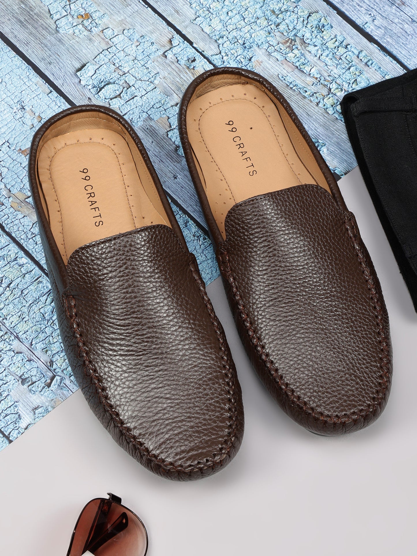 99Crafts Premium Quality European Full-Grain Milled Leather Handmade Driving Mules / Half Shoe For Men