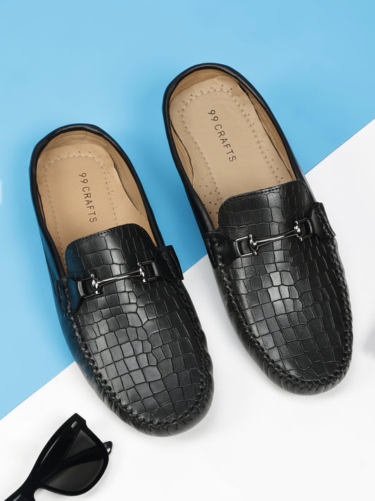 99Crafts Premium Quality European Full Grain Genuine Leather Handmade Driving Mules / Half Shoes With Croco  & Metal Ancent Prints For Men