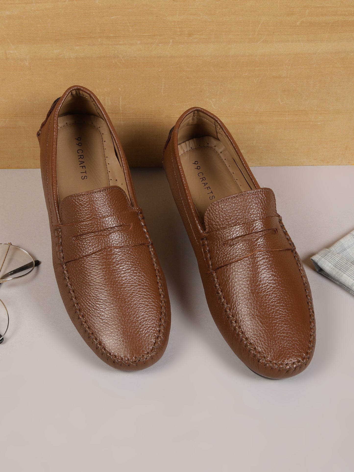 99Crafts Premium Quality European Full-Grain Milled Leather Handmade Driving loafers With Penicut Saddle For Men