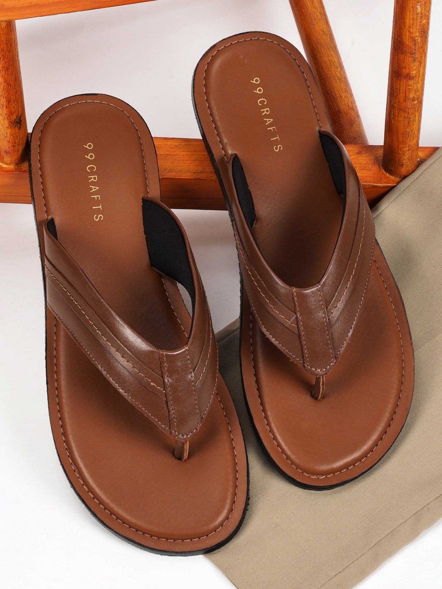 99Crafts Men's Italian Full Grain Leather Flat Sandals with TPR Sole