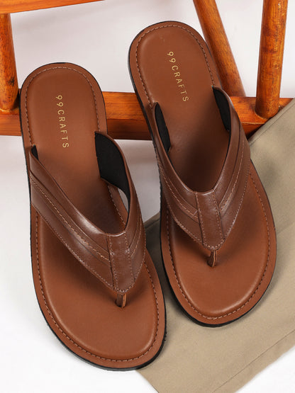 99Crafts Men's Italian Full Grain Leather Flat Sandals with TPR Sole