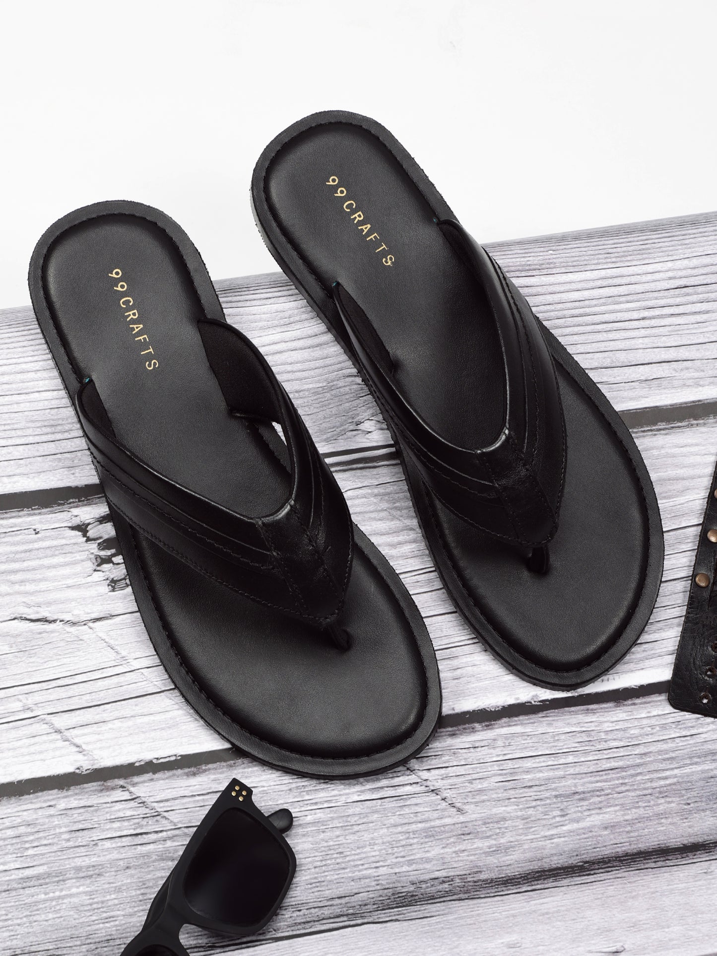 99Crafts Men's Italian Full Grain Leather Flat Sandals with TPR Sole