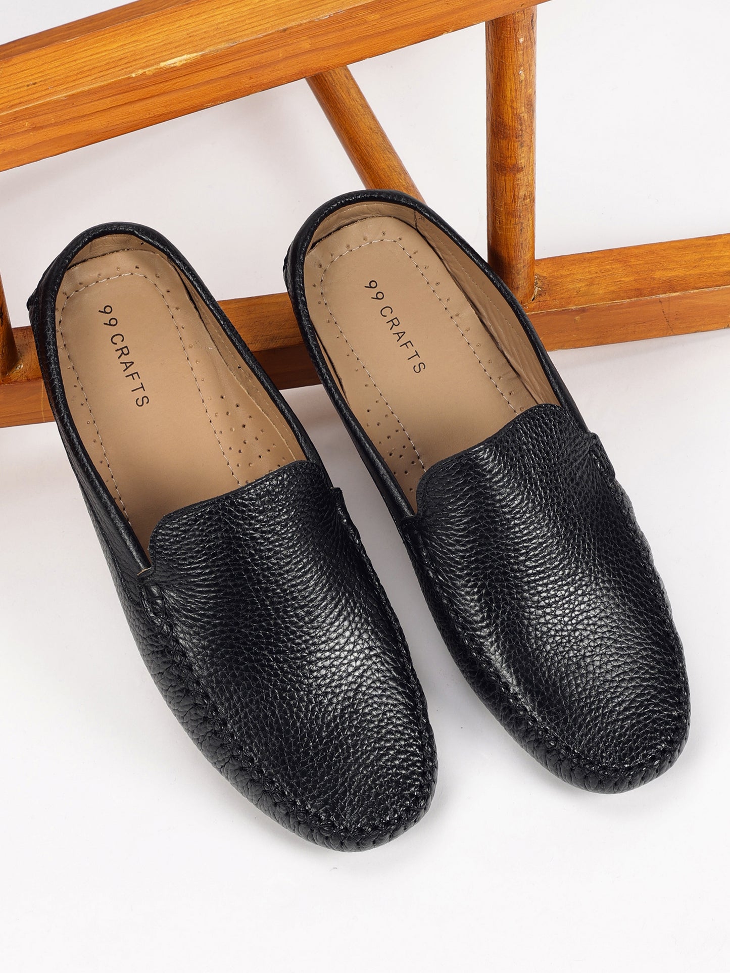 99Crafts Premium Quality European Full-Grain Milled Leather Handmade Driving Mules / Half Shoe For Men