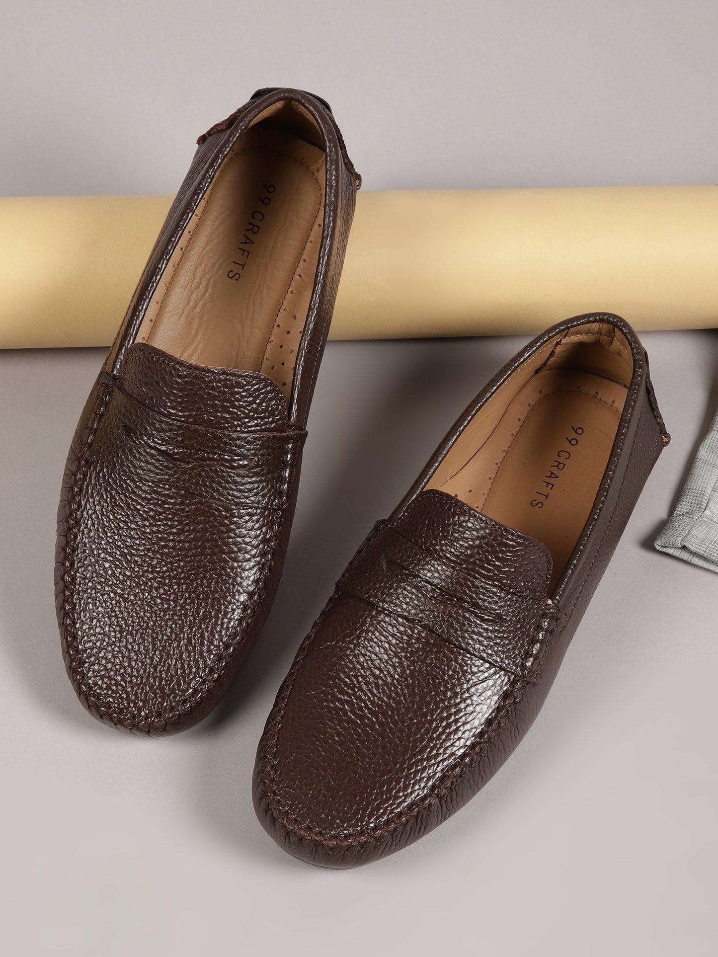 99Crafts Premium Quality European Full-Grain Milled Leather Handmade Driving loafers With Penicut Saddle For Men