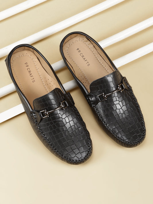 99Crafts Premium Quality European Full Grain Genuine Leather Handmade Driving Mules / Half Shoes With Croco  & Metal Ancent Prints For Men