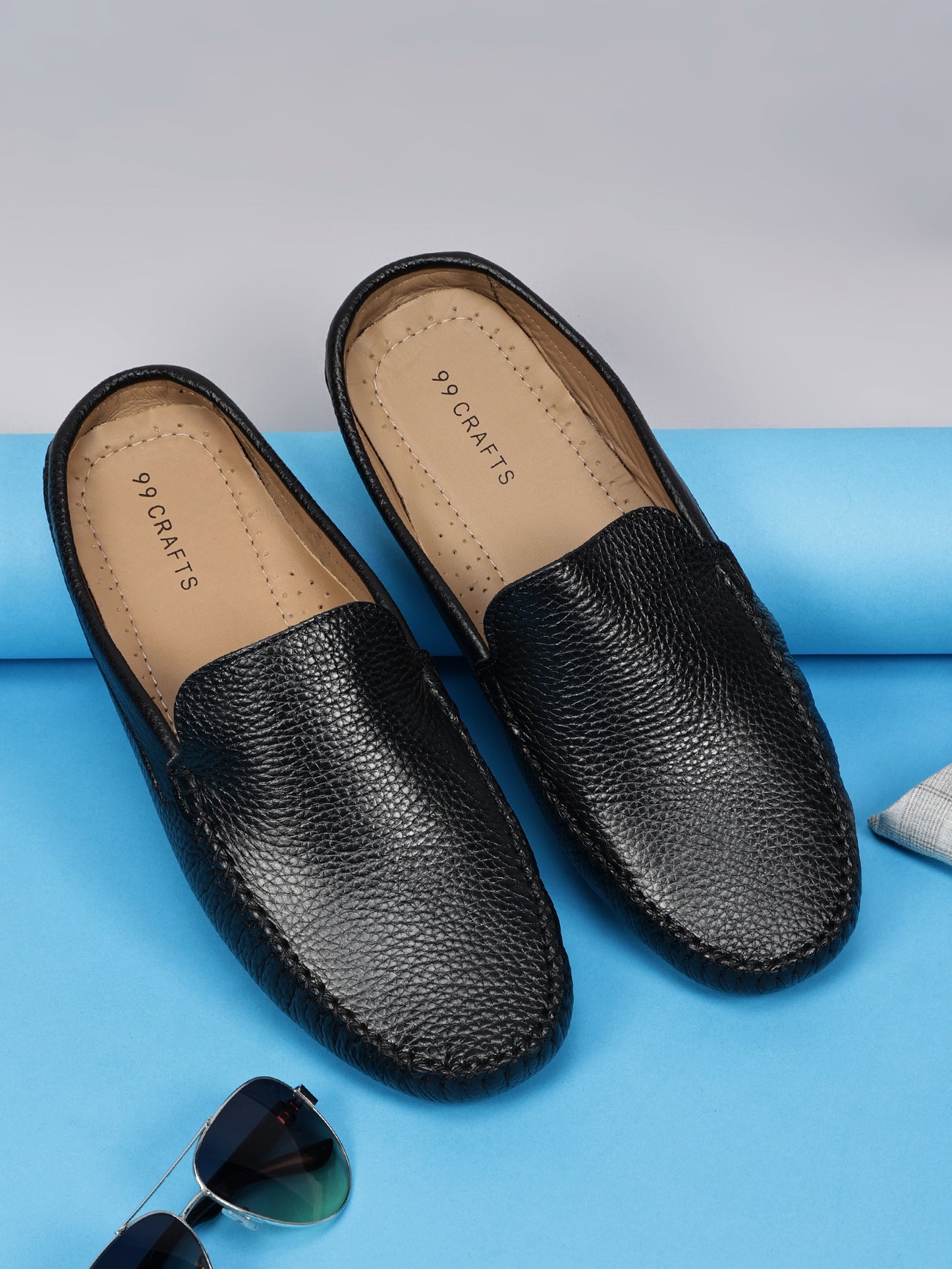 99Crafts Premium Quality European Full-Grain Milled Leather Handmade Driving Mules / Half Shoe For Men