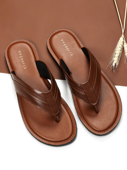 99Crafts Men's Italian Full Grain Leather Flat Sandals with TPR Sole