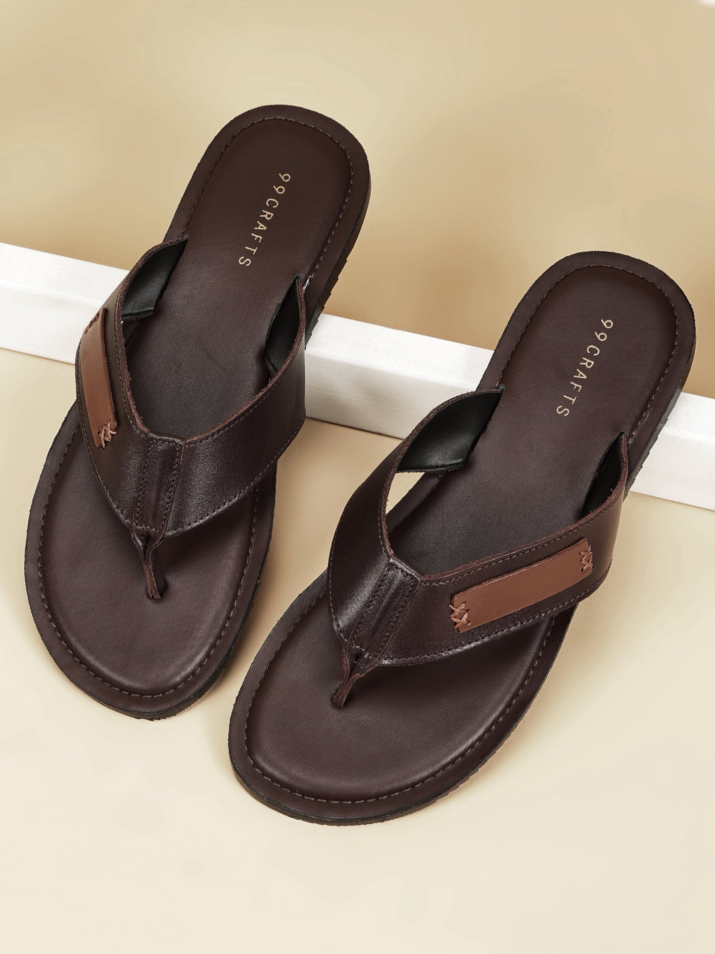 99Crafts Men's Italian Full Grain Leather Flat Sandals with TPR Sole