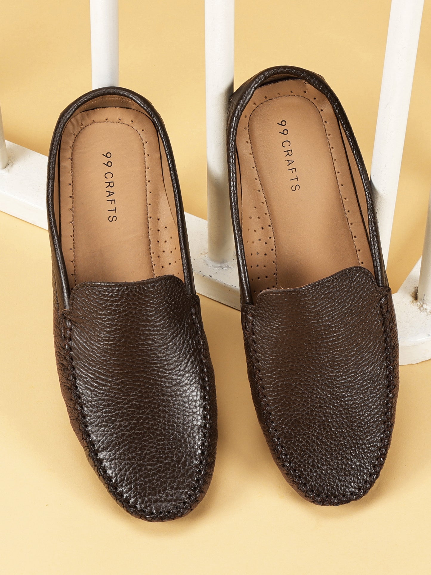 99Crafts Premium Quality European Full-Grain Milled Leather Handmade Driving Mules / Half Shoe For Men