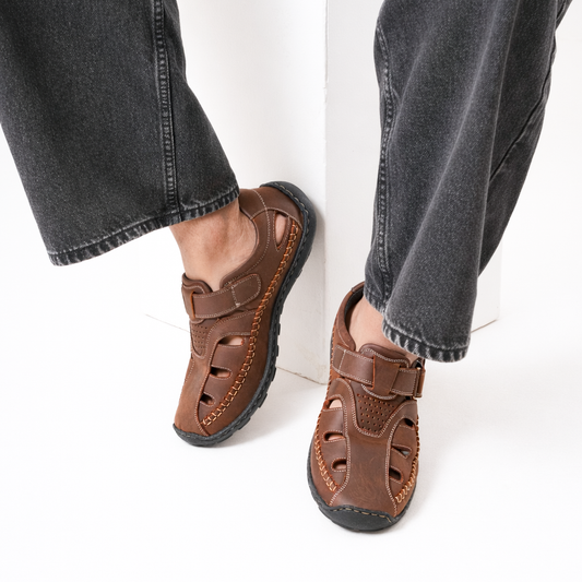 99Crafts Premium Imported Oil Pull-Up Leather Fisherman Sandals | Genuine Crazy Horse Leather | Ortholite Footbed