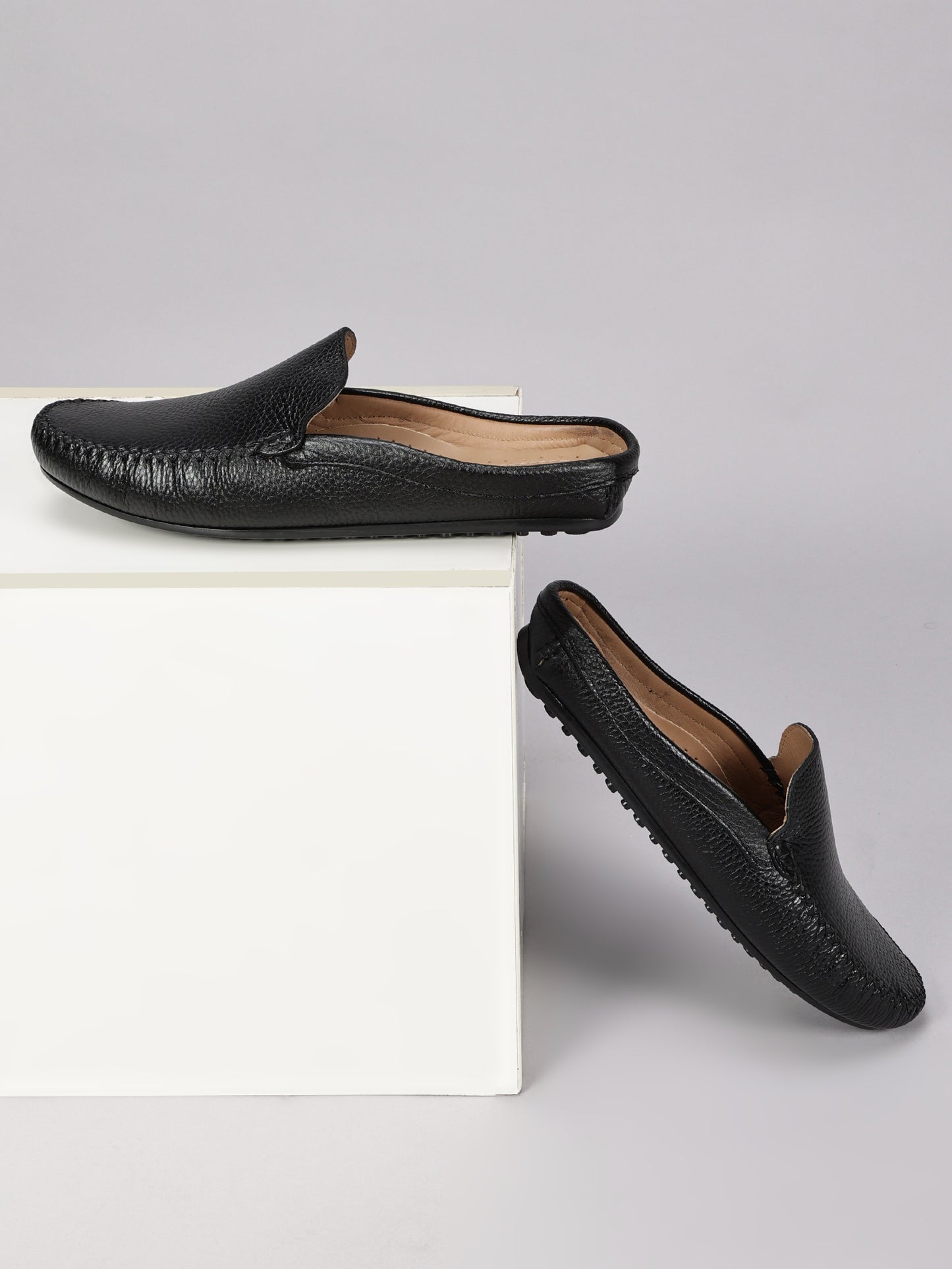 99Crafts Premium Quality European Full-Grain Milled Leather Handmade Driving Mules / Half Shoe For Men