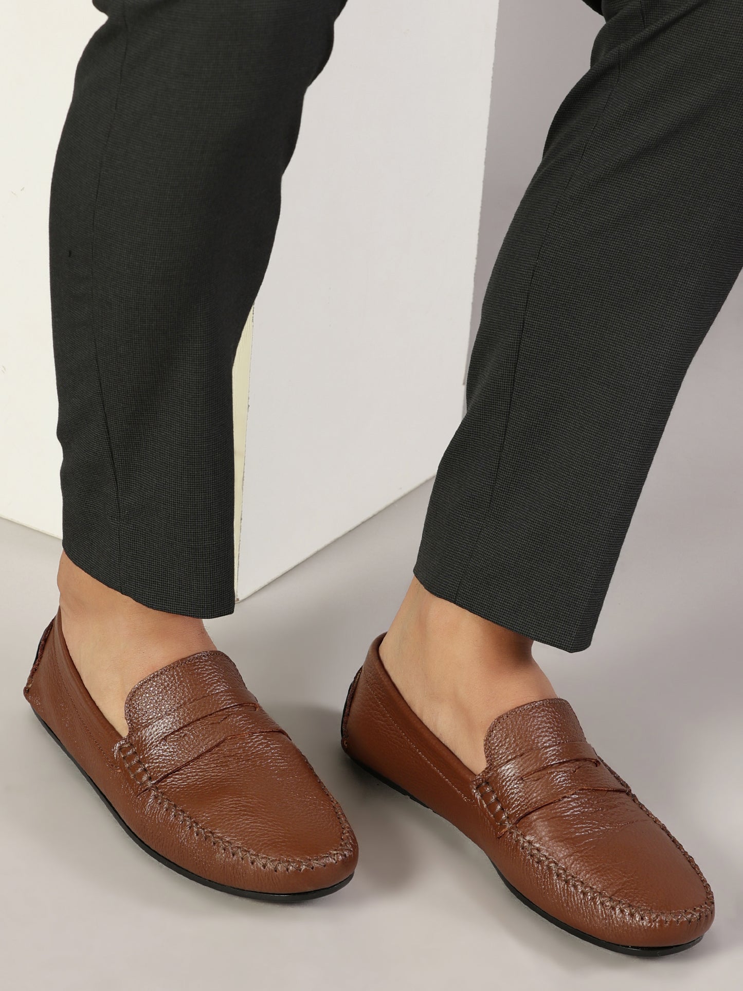 99Crafts Premium Quality European Full-Grain Milled Leather Handmade Driving loafers With Penicut Saddle For Men