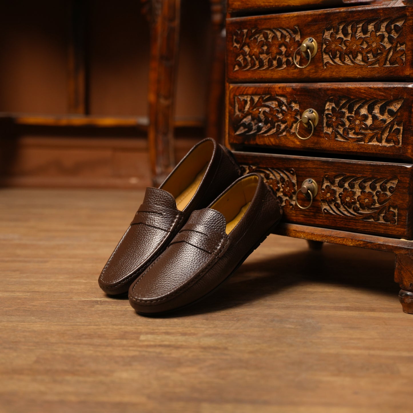European Milled Leather Driving Loafers Penicut-Saddle