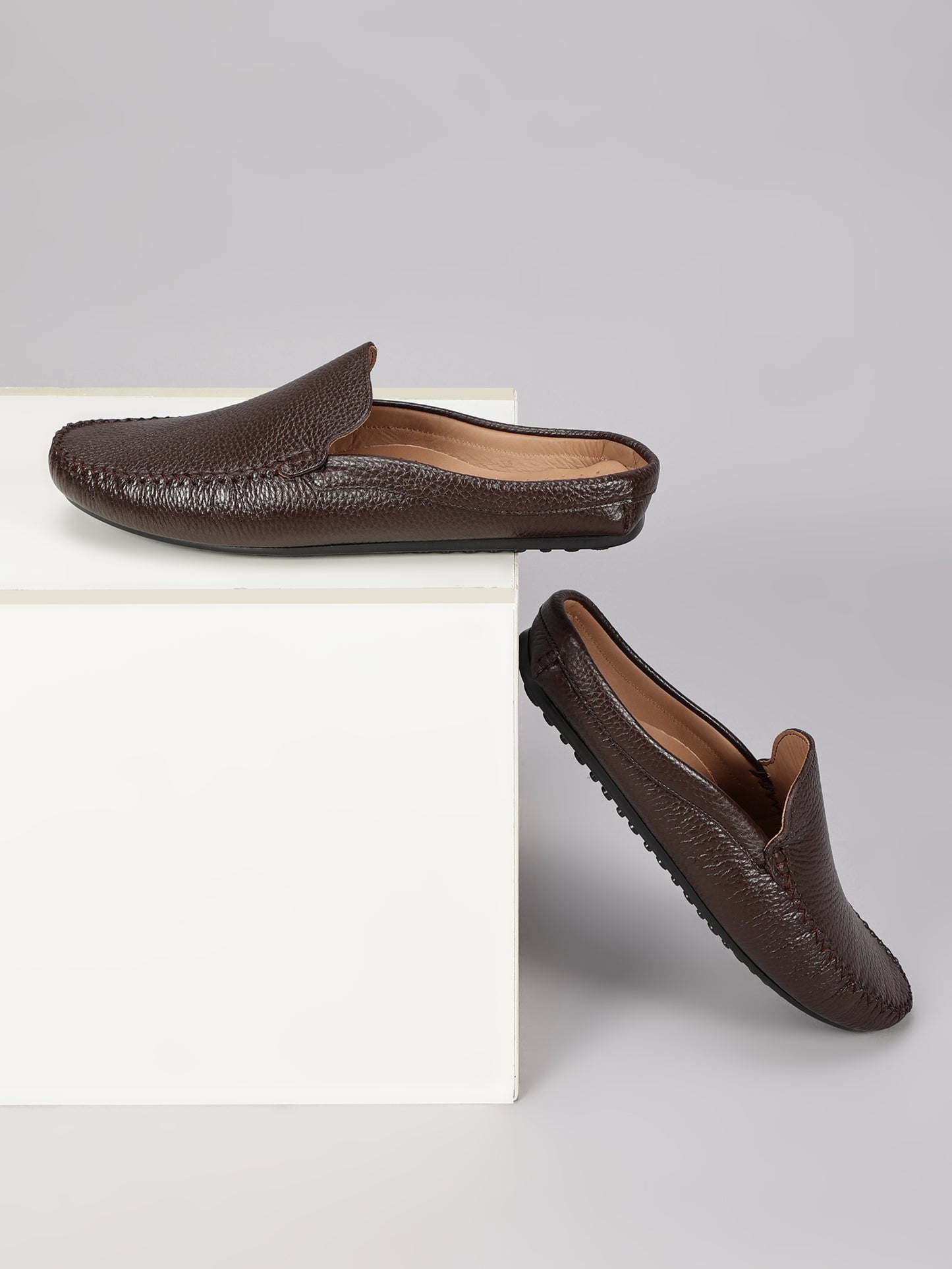 99Crafts Premium Quality European Full-Grain Milled Leather Handmade Driving Mules / Half Shoe For Men