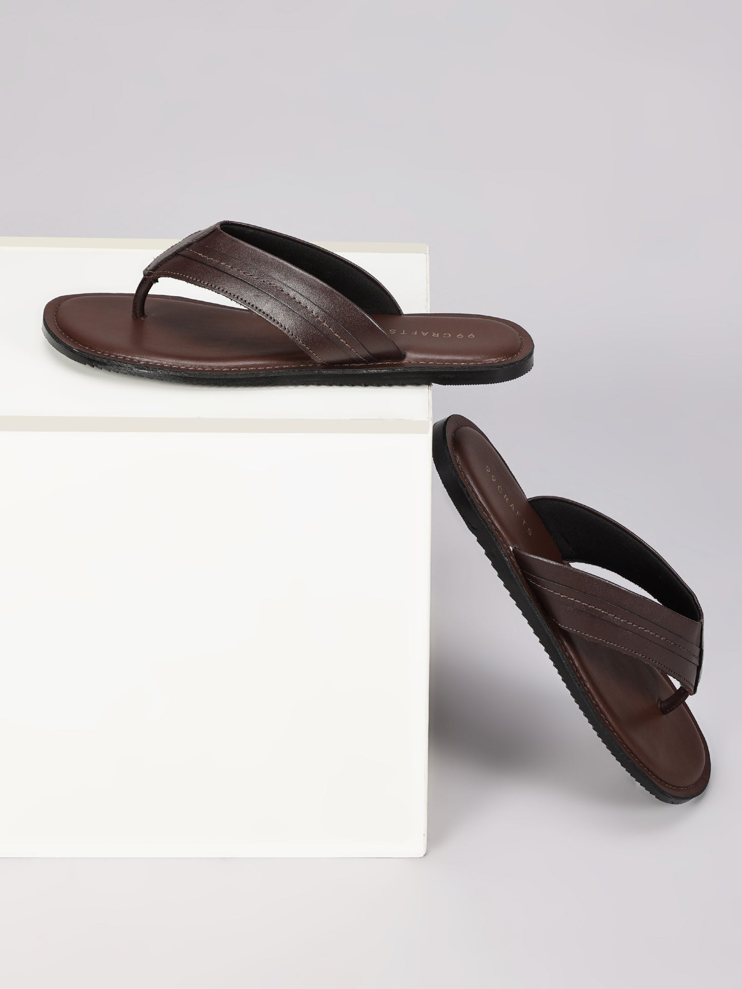 99Crafts Men's Italian Full Grain Leather Flat Sandals with TPR Sole