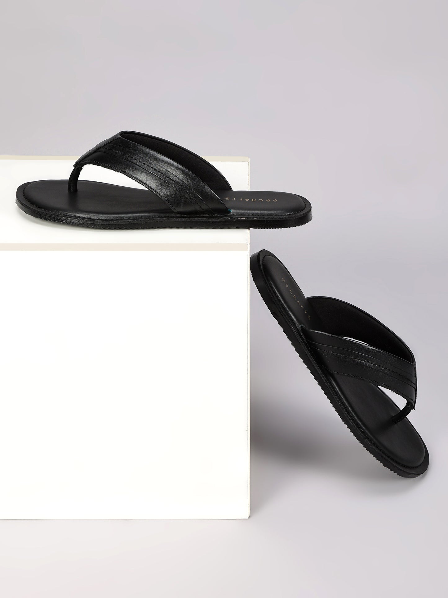 99Crafts Men's Italian Full Grain Leather Flat Sandals with TPR Sole