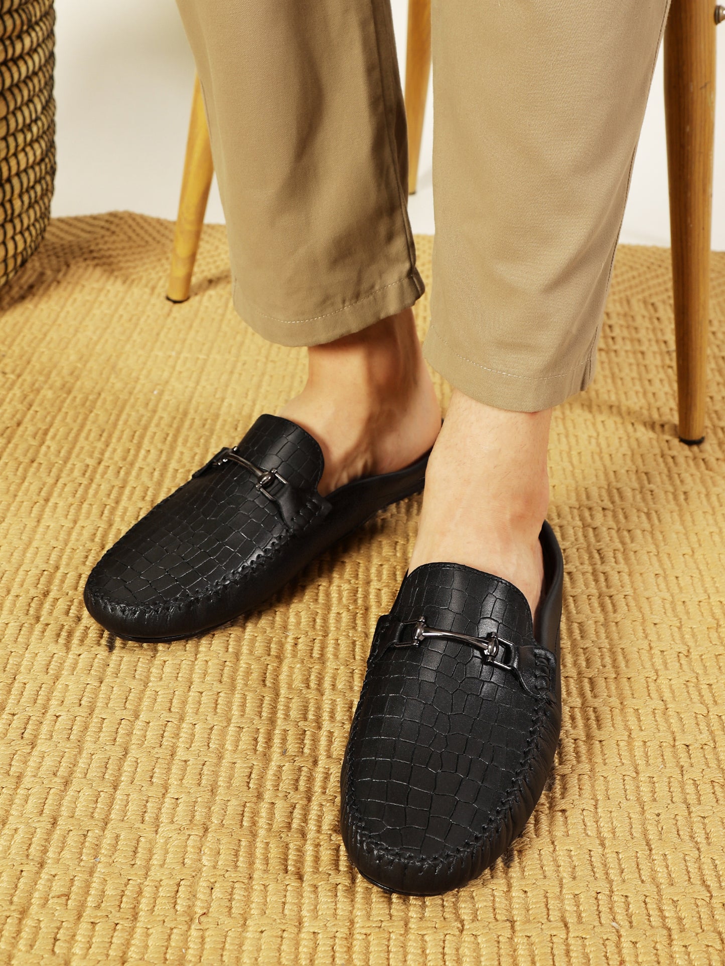 European Leather Croco-Metal Print Mules