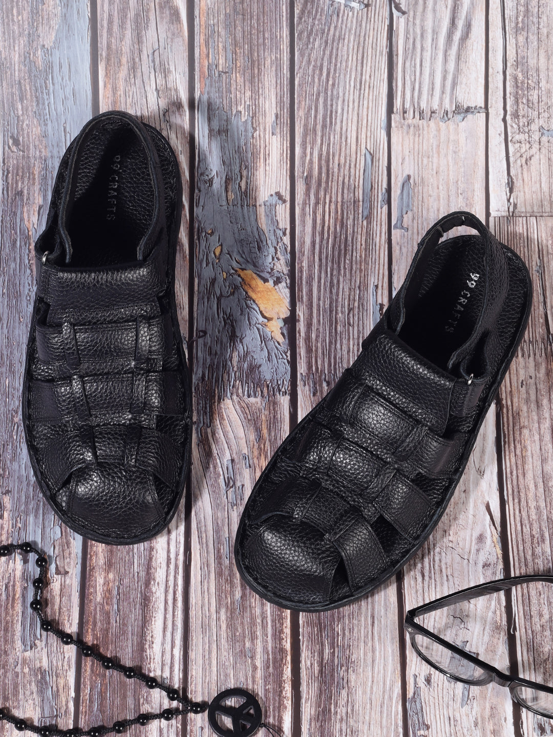 99Crafts Premium European Milled Leather Sandals | Hand-Stitched Sole | Ortholite Footbed | Velcro Closure