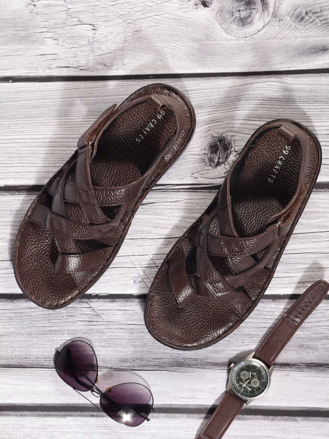 99Crafts Premium European Milled Leather Multi-Strap Sandals with Ortholite Footbed & Velcro Closure