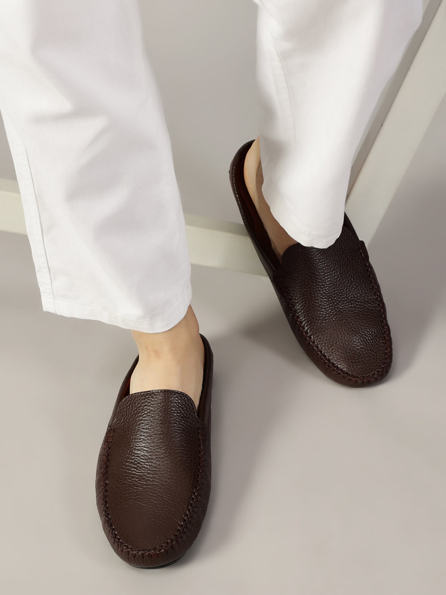 99Crafts Premium Quality European Full-Grain Milled Leather Handmade Driving Mules / Half Shoe For Men