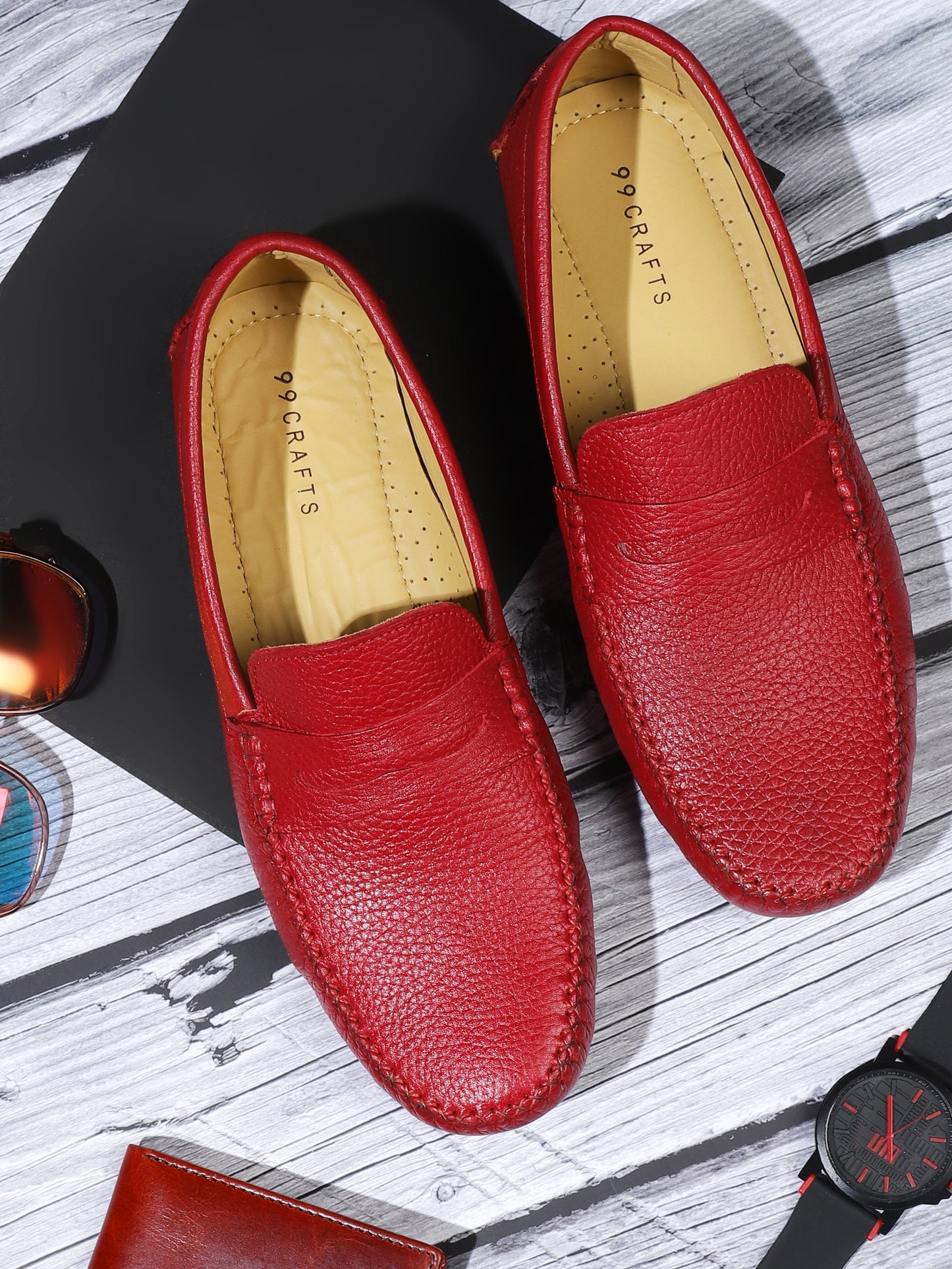 99Crafts Premium Quality European Full-Grain Milled Leather Handmade Driving loafers With Penicut Saddle For Men