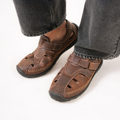99Crafts Premium Imported Oil Pull-Up Leather Fisherman Sandals | Genuine Crazy Horse Leather | Ortholite Footbed