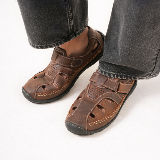 99Crafts Premium Imported Oil Pull-Up Leather Fisherman Sandals | Genuine Crazy Horse Leather | Ortholite Footbed