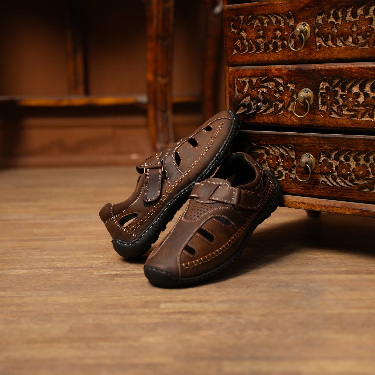 99Crafts Premium Imported Oil Pull-Up Leather Fisherman Sandals | Genuine Crazy Horse Leather | Ortholite Footbed