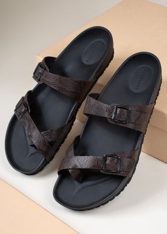 99Crafts Men’s Italian Imported Python-Printed  Leather Sandals | Luxury Handcrafted Comfort with High-Cushion Footbed & Arch-Flex Support