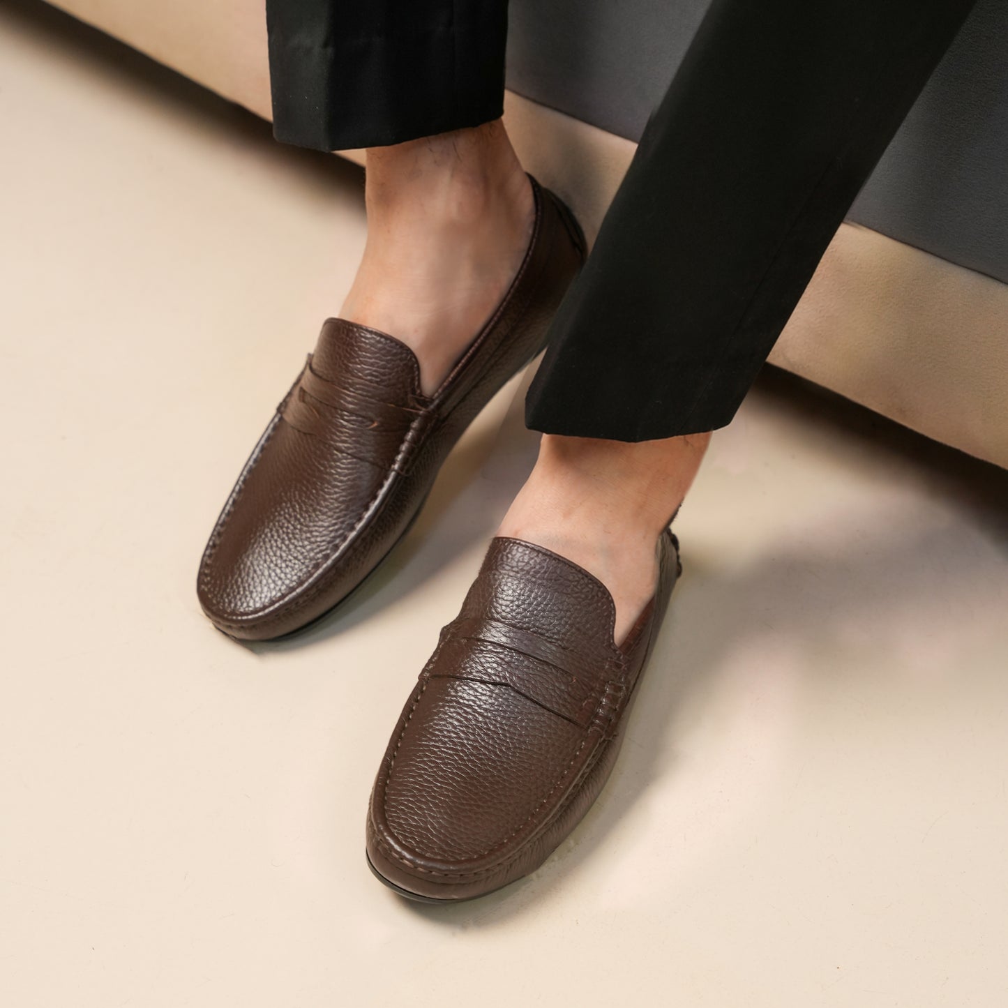 European Milled Leather Driving Loafers Penicut-Saddle