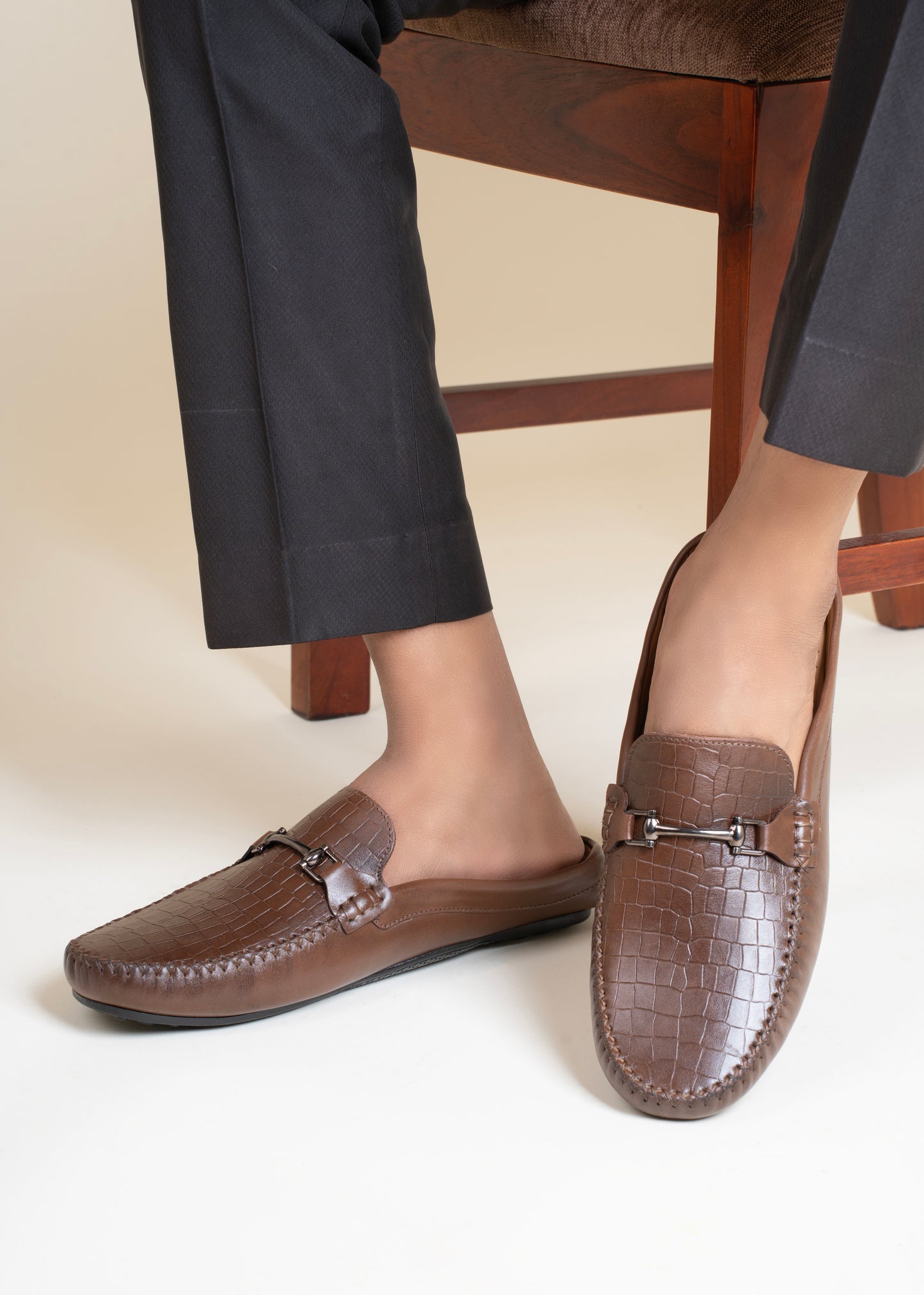 European Leather Croco-Metal Print Mules
