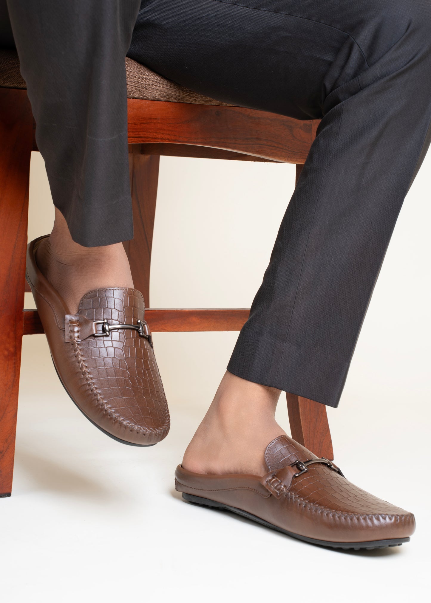 European Leather Croco-Metal Print Mules