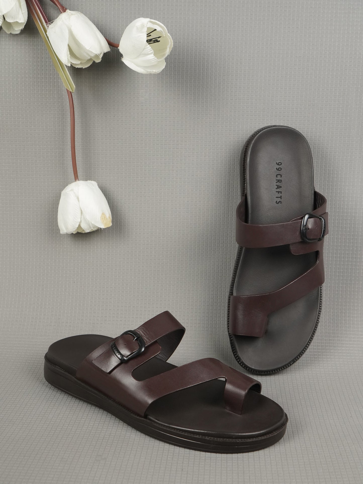 99Crafts Italian Full-Grain Leather Buckle-Strap Sandal | Ortholite Memory Cushion & Arch-Flex Support