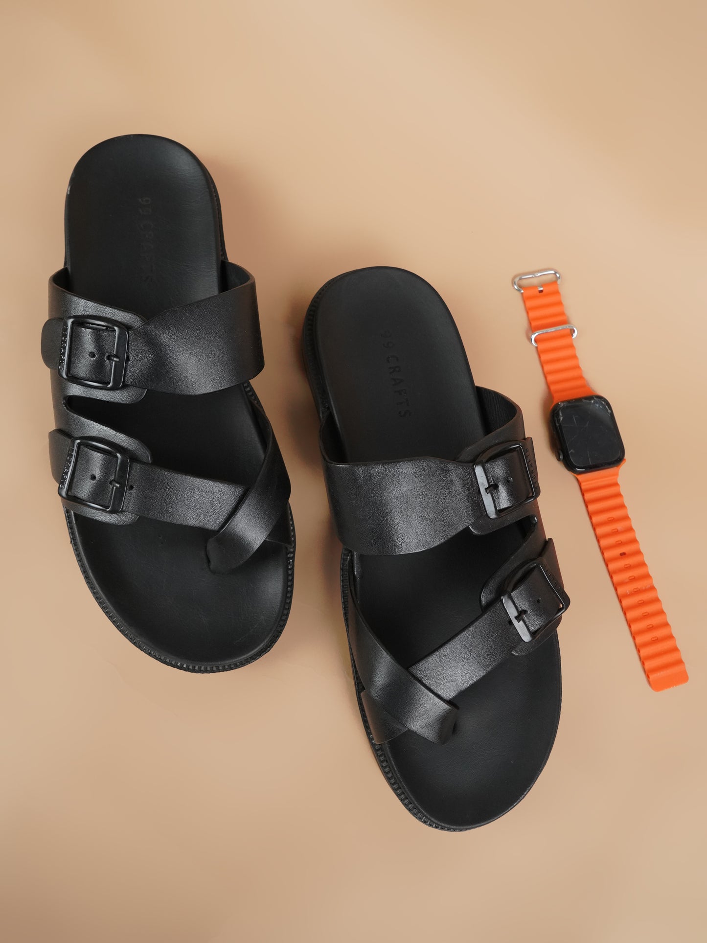 99Crafts Italian Full-Grain Leather Buckle-Strap Sandal | Ortholite Memory Cushion & Arch-Flex Support