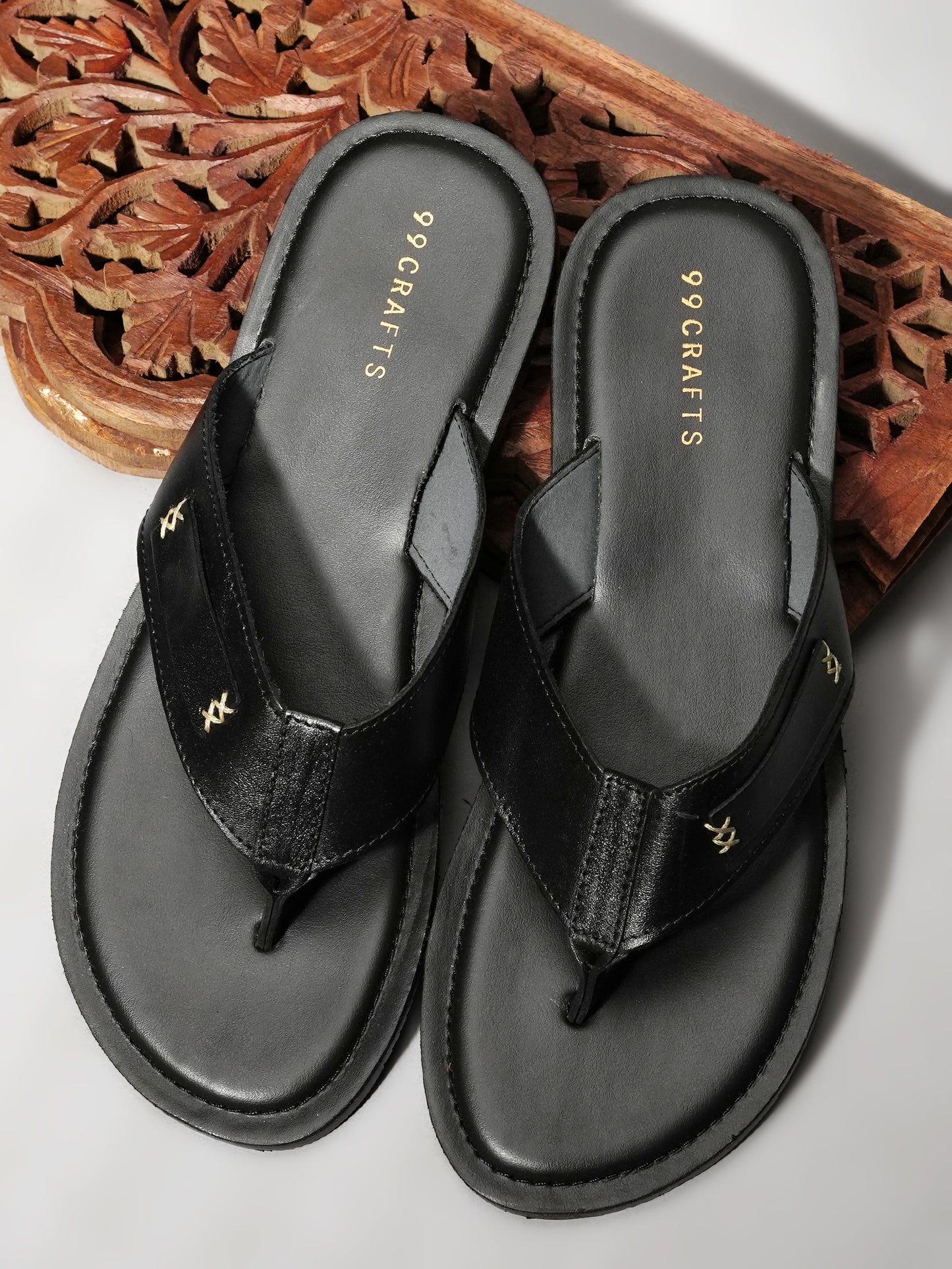 99Crafts Men's Italian Full Grain Leather Flat Sandals with TPR Sole