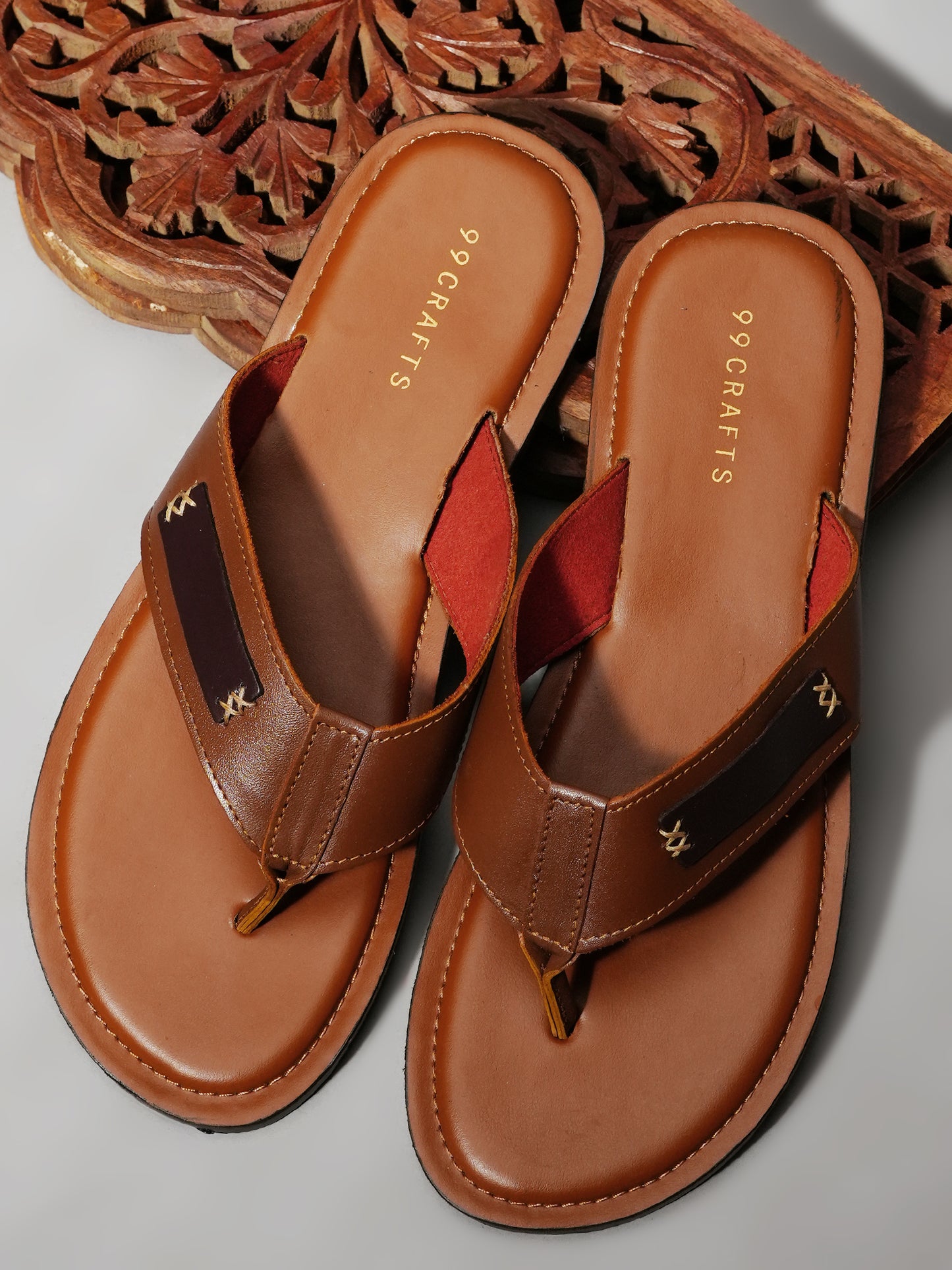 99Crafts Men's Italian Full Grain Leather Flat Sandals with TPR Sole