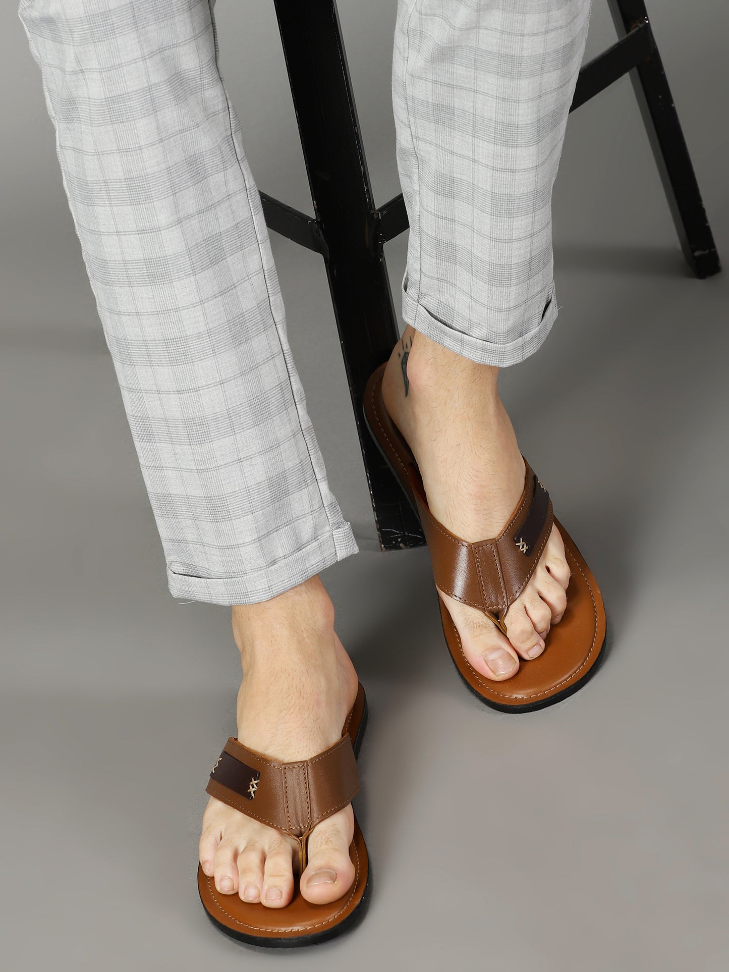 99Crafts Men's Italian Full Grain Leather Flat Sandals with TPR Sole