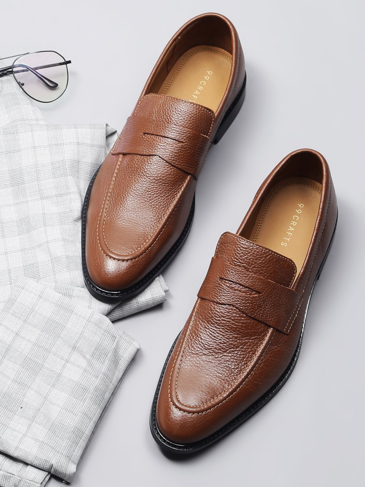 99Crafts Premium Quality European Full-Grain Milled Leather Handmade Moccasin With Penicut Saddle For Men